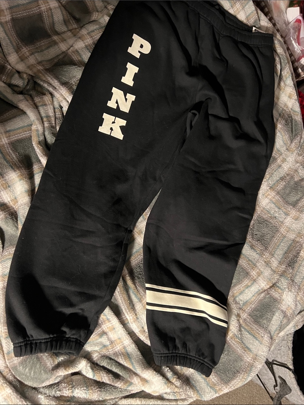PINK Victoria's Secret Black Sweatpants with Cream Logo & Stripes
